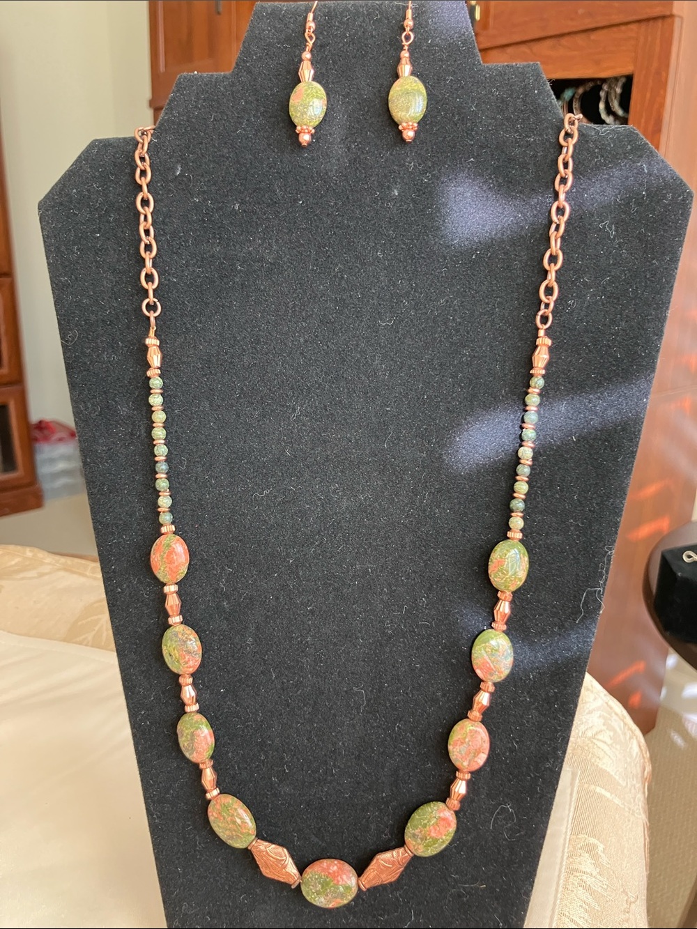 Green and Coral Beaded Necklace with Copper Accents